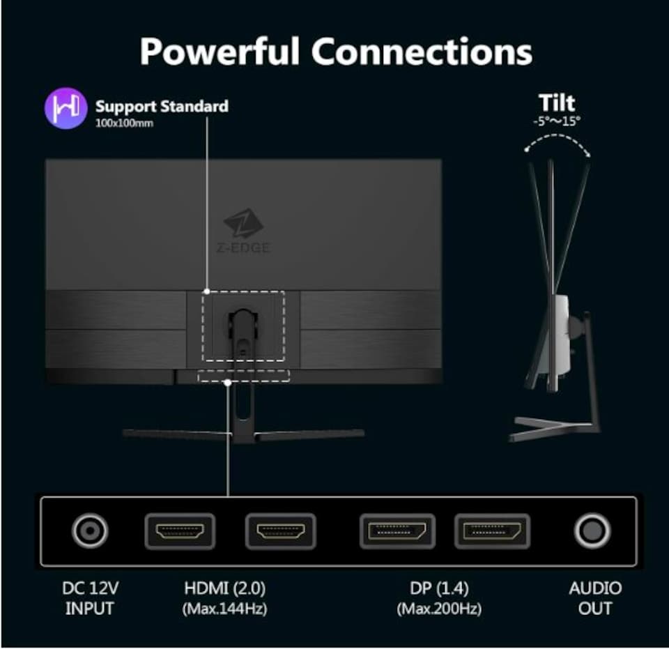 image 1 of Z-Edge 32 Inch Gaming Monitor QHD 200Hz 1440P IPS 1ms 100% sRGB DP HDMI | 2K PC Monitor 2560x1440 16:9, 300cd/m² Brightness, FreeSync, Crosshair, VESA Mountable, Black