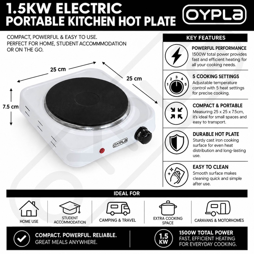 image 1 of 1500W 1.5kW Electric Portable Single Hot Plate Tabletop Kitchen Camping Hob