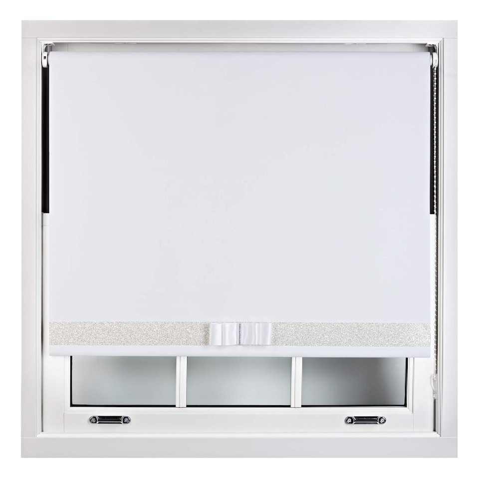 image 1 of FURNISHED Blackout Roller Blind with White Glitter Trim and White Bow Cut to Size | White | White | (W) 180cm x (L) 165cm