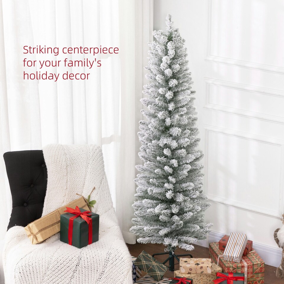 image 1 of HOMCOM 5 Foot Artificial Pencil Christmas Tree with Snow Flocked Tips
