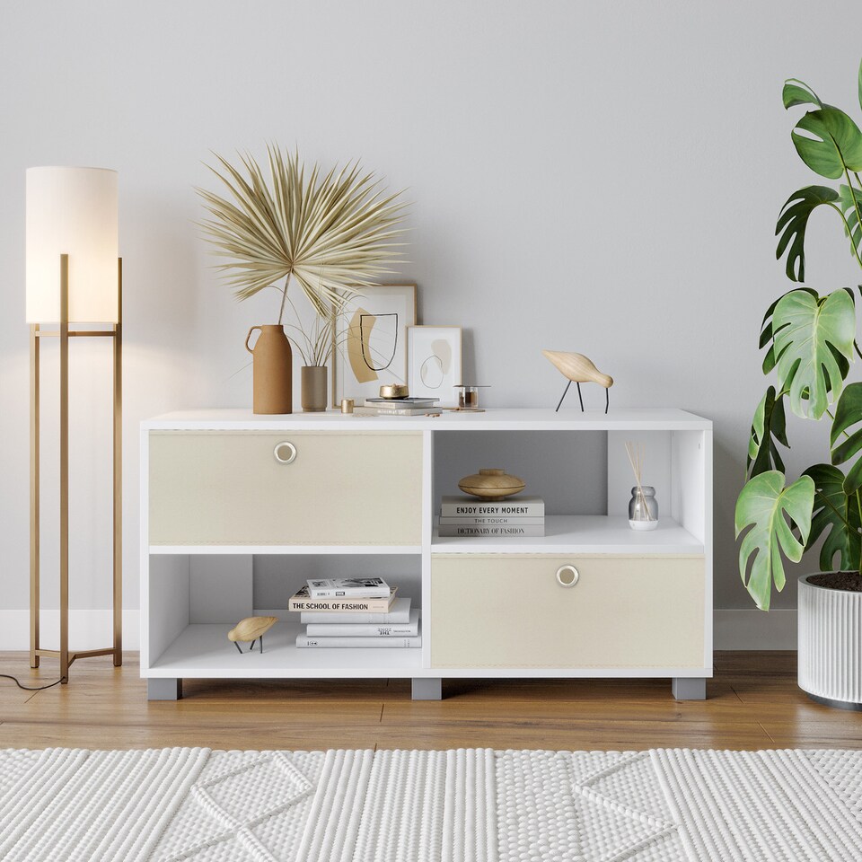 image 1 of Black TV Stand with 2 Drawers | White | White & Cream | 1