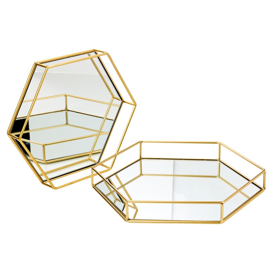 image 1 of Hexagon Metal Gold Mirror Tray | Gold | M | 1
