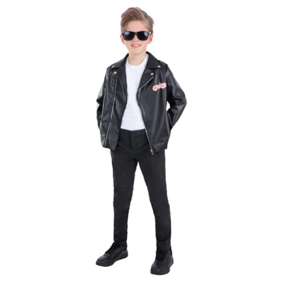 image 1 of Grease T-Birds Black Leather Look Jacket Boys Fancy Dress Halloween Costume Tween - Age 12+