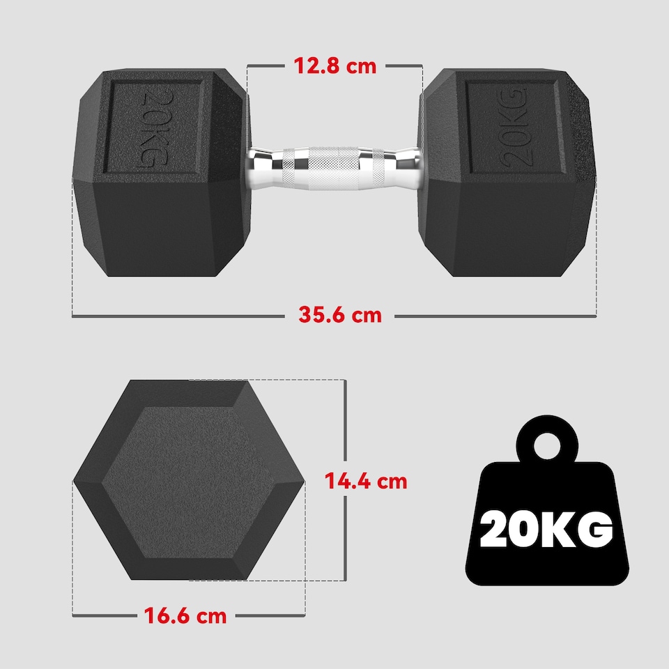 image 1 of HOMCOM 20KG Single Rubber Hex Dumbbell Portable Hand Weights Dumbbell Home Gym
