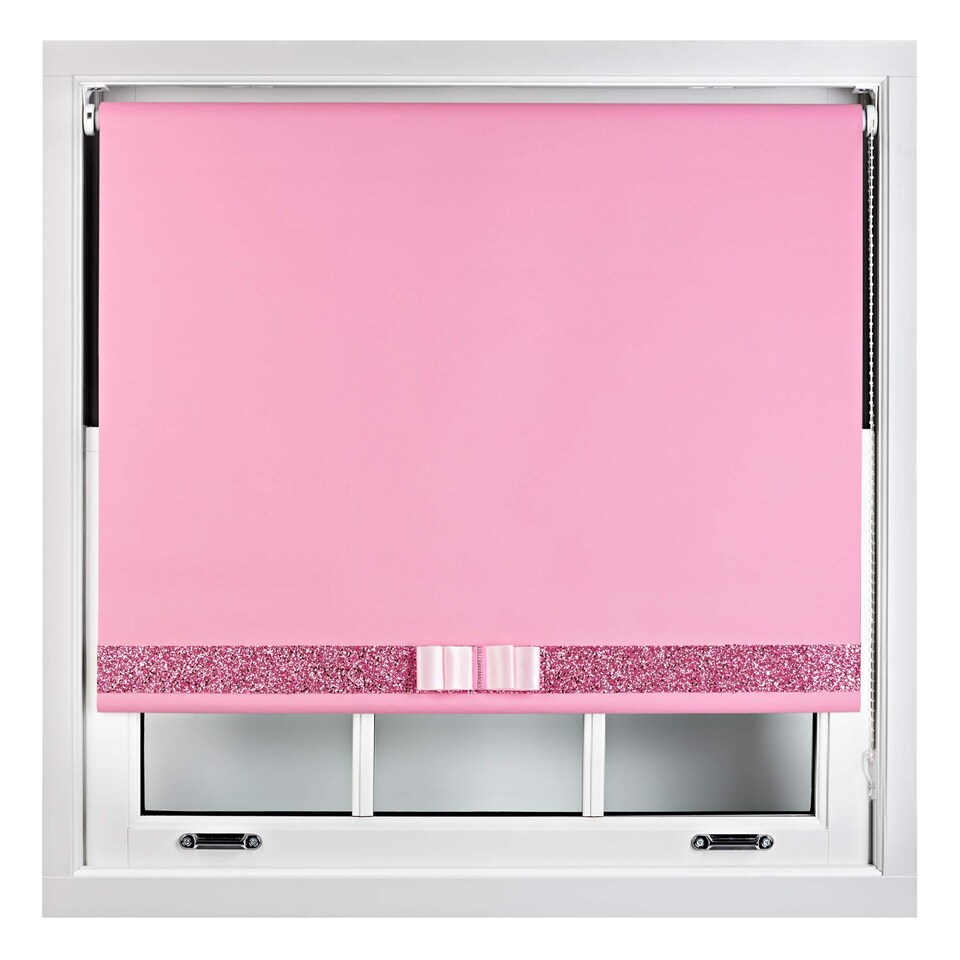 image 1 of FURNISHED Blackout Roller Blind with Pink Glitter Trim and Pink Bow Trimmable Window Shade | Pink | Pink | (W) 110cm x (L) 210cm