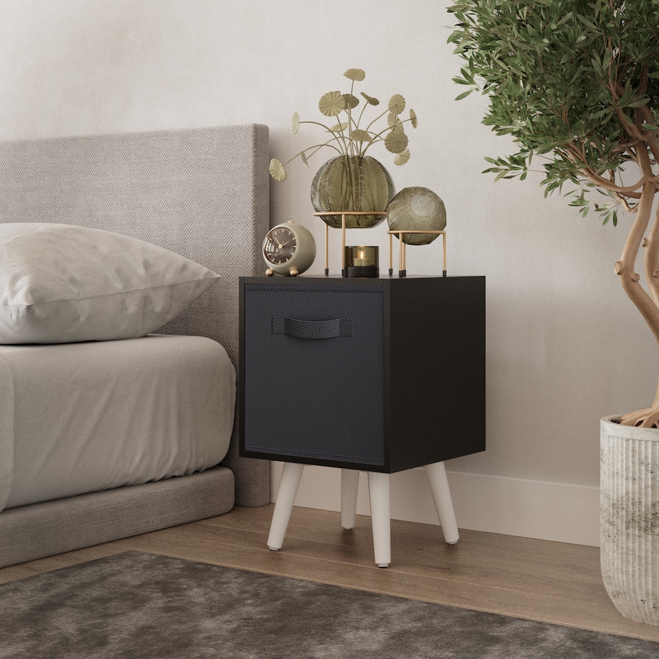 image 1 of Black 1-Drawer Cube Shelving Unit with Scandinavian Legs | Black | Black & White | 1