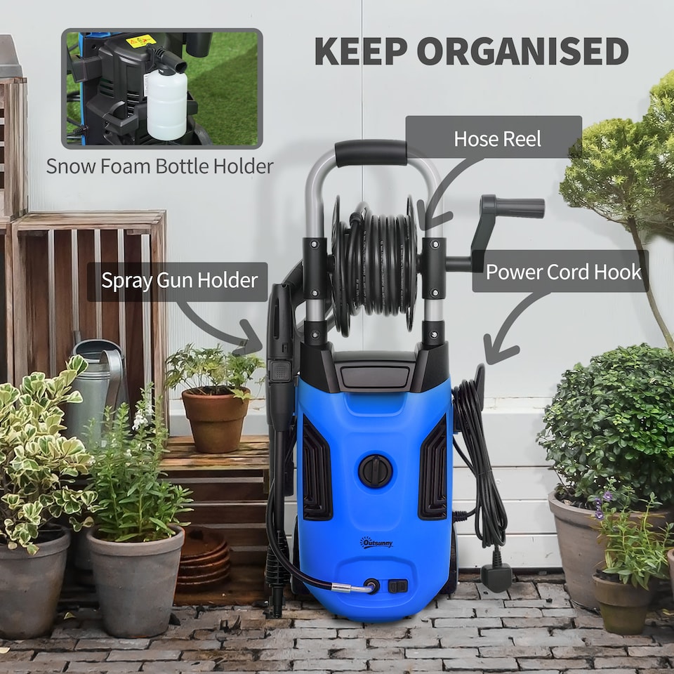 image 1 of Outsunny 1800W Power Washer 150 Bar Pressure 6M Hose and Hose Reel, Blue