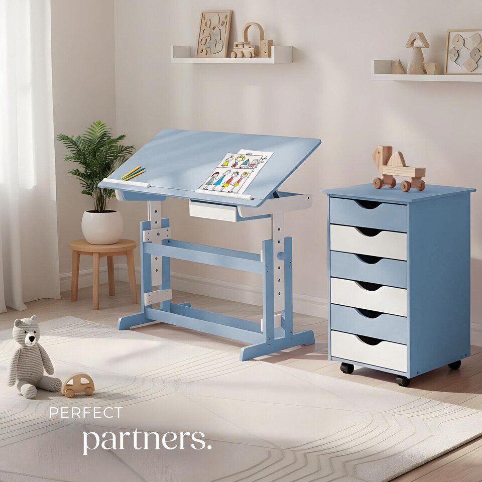 image 1 of Kids Study Desk And Filing Cabinet Set Childrens Play Room Furniture MDF In 2 Colours 7 Step Adjustable Height | Blue | blue | 109 x 55 x 94 cm | 1
