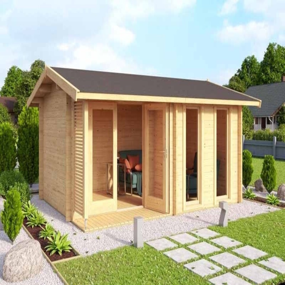 image 1 of Hampshire-Log Cabin, Wooden Garden Room, Timber Summerhouse, Home Office - L480 x W376.1 x H239.4 cm Brown
