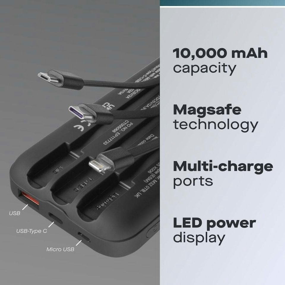 image 1 of Daewoo 4-in-1 10000mAh Power Bank Portable Fast Charger Wireless Built in Cables Black