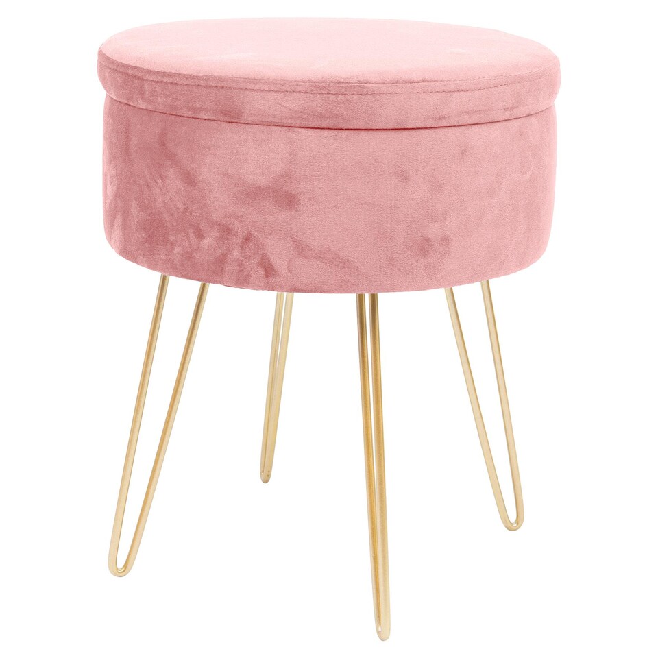 image 1 of Harbour Housewares Velvet Storage Footstool - Round Modern Dressing Table Footstool Vanity Seat Chair - 45 x 36cm - Pink/Gold | Pink | Pink/Gold | Pack of 1 | 1