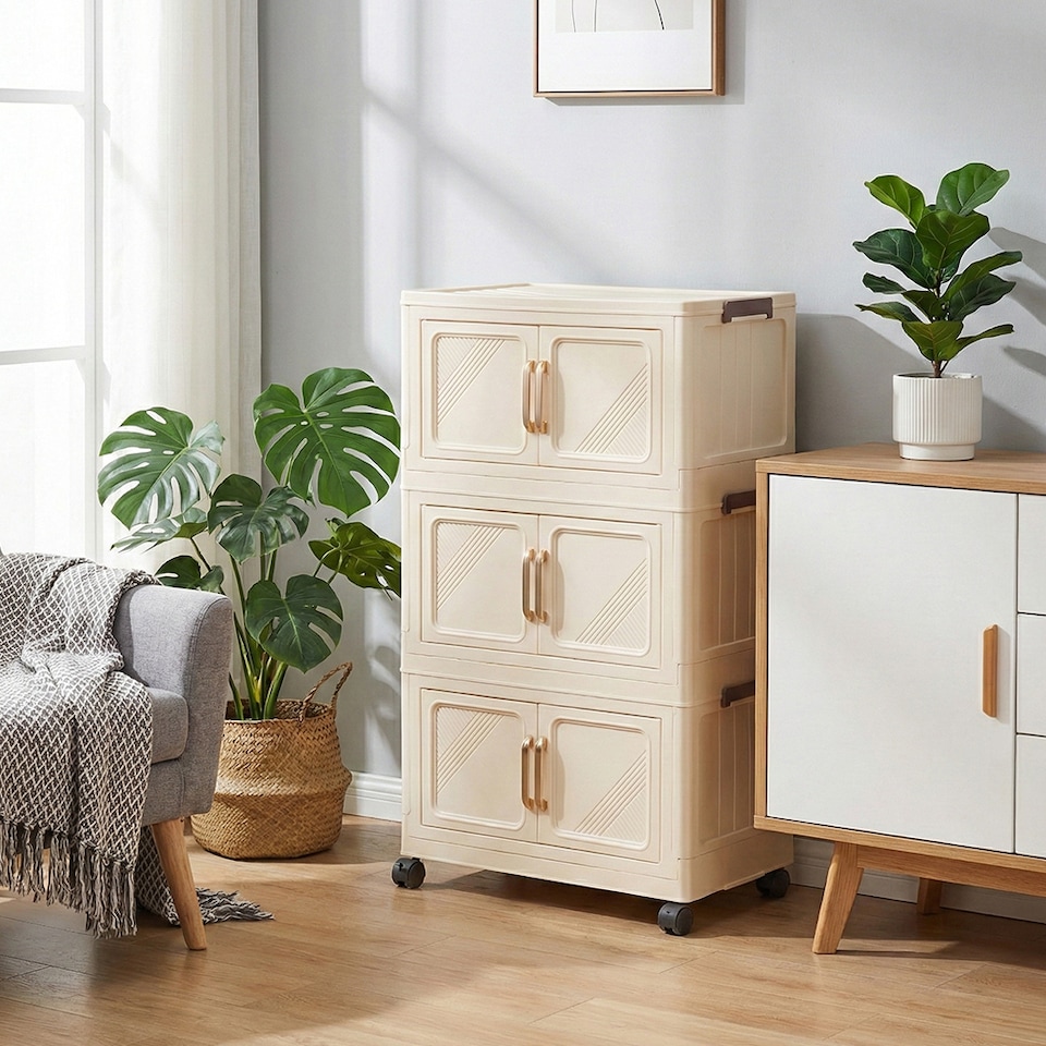 image 1 of Living and Home Foldable 3-Tier Rolling Plastic Storage Cabinet with Magnetic Doors | Cream | 3 Tiers