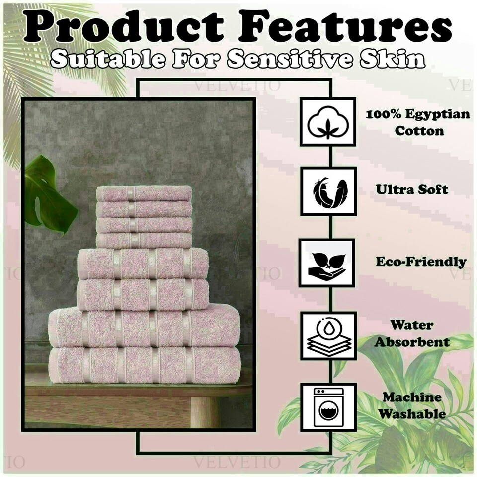 image 1 of VELVETIO 8 Piece Towel Bale Set Boston Shiny Stripe Pattern - 100% Cotton, 450 GSM Pink | Blush Pink