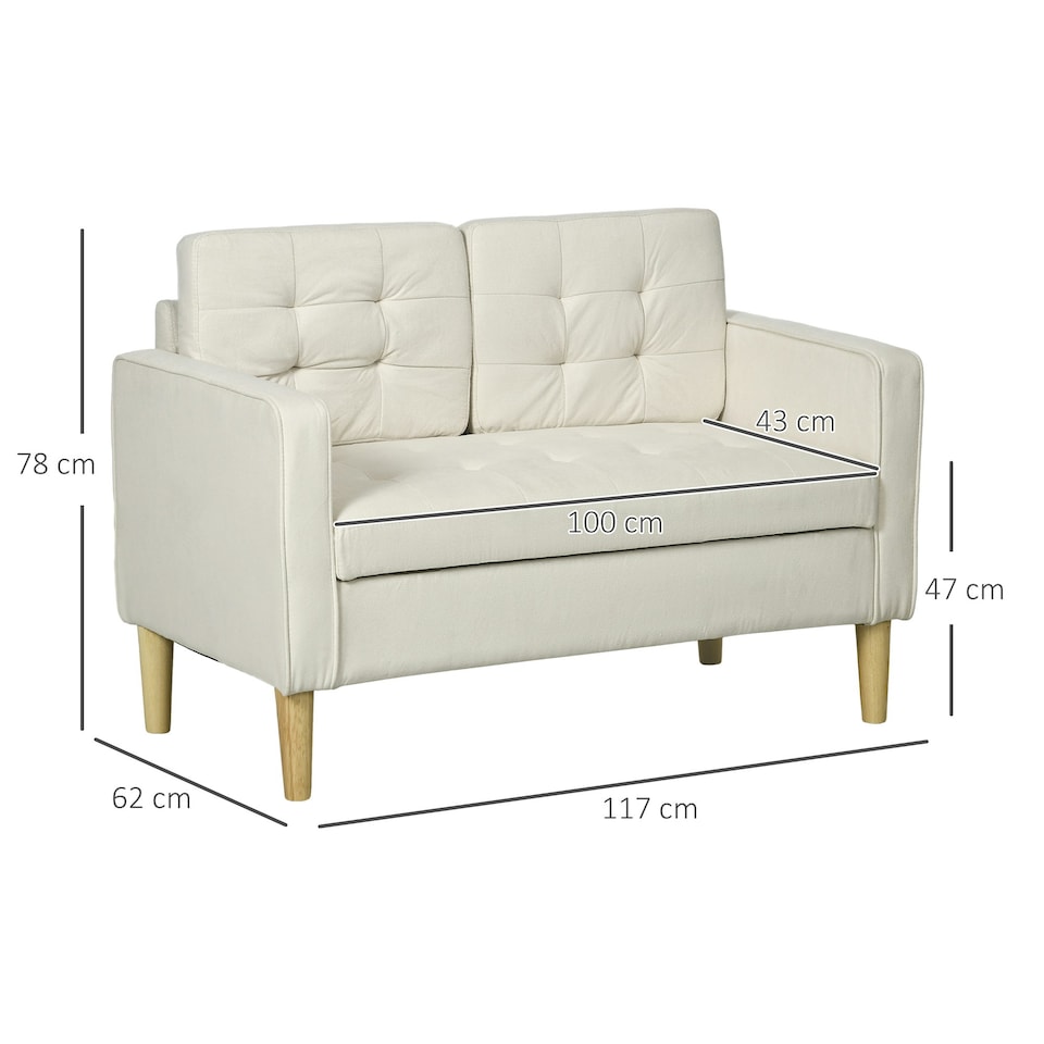 image 1 of HOMCOM Compact Loveseat Sofa 2 Seater Sofa with Storage and Wood Legs Cream