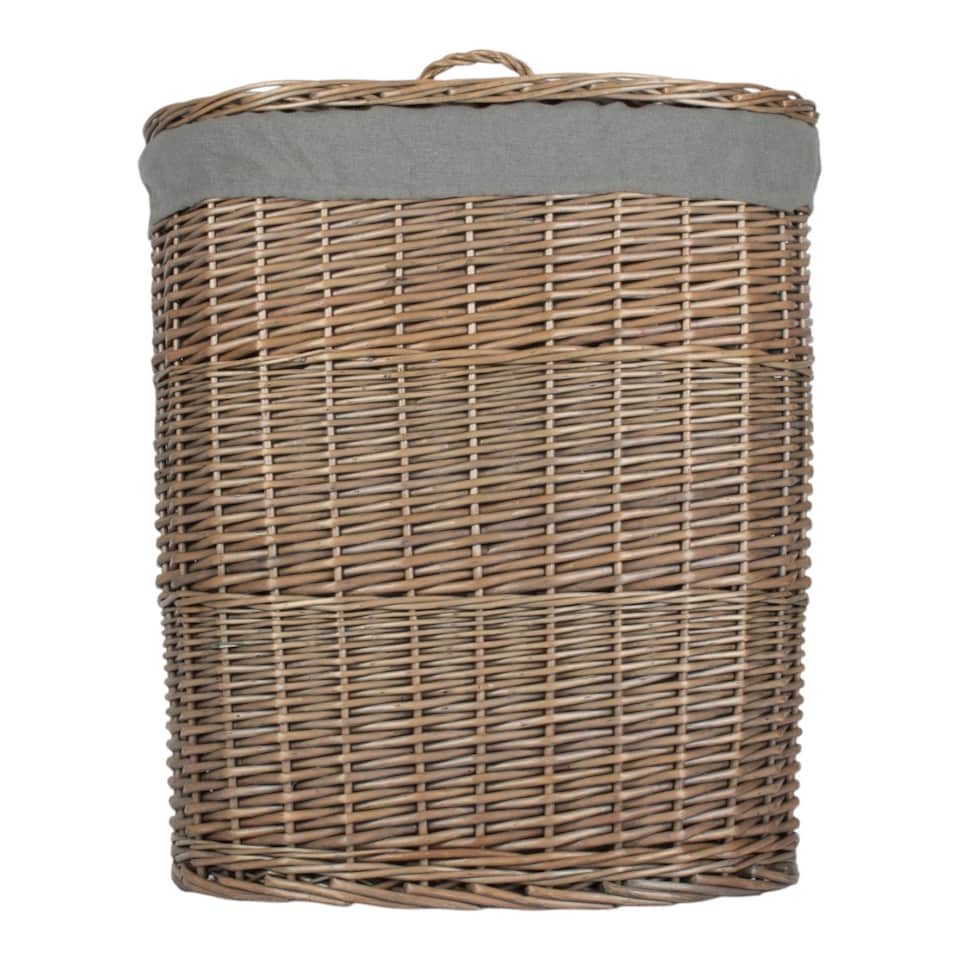 image 1 of Antique Wash Grey Cotton Lined Oval Willow Laundry Basket