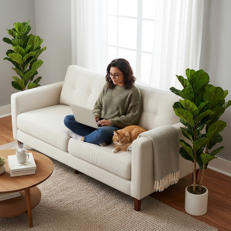 image 1 of HOMCOM 120cm 2 PCs Artificial Fiddle Leaf Fig Trese with Solid Wood Trunks