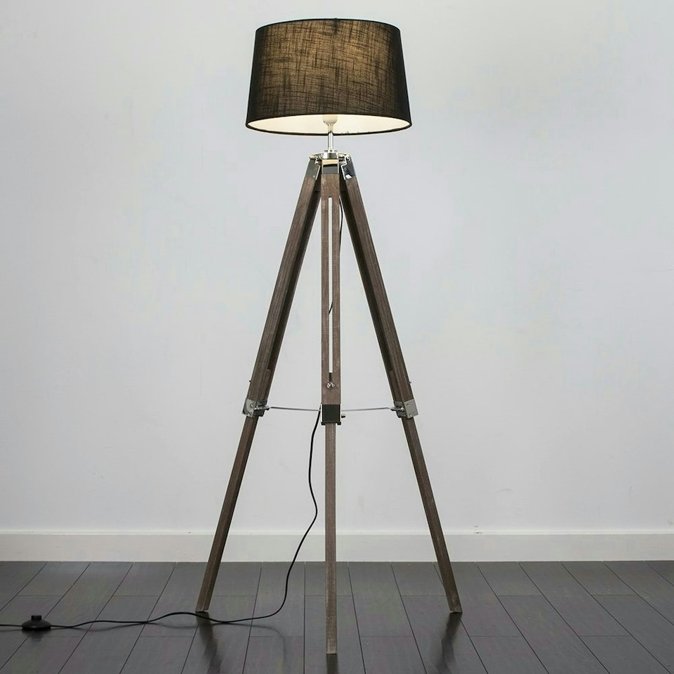 image 1 of ValueLights Modern Distressed Wood And Silver Chrome Tripod Floor Lamp With Black Shade