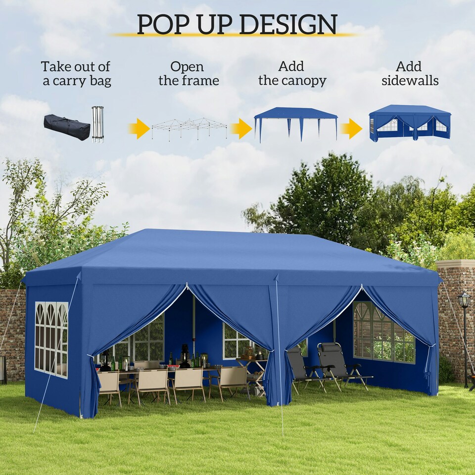 image 1 of Outsunny 3m x 6m Pop Up Gazebo Party Tent Canopy Marquee with Storage Bag Blue