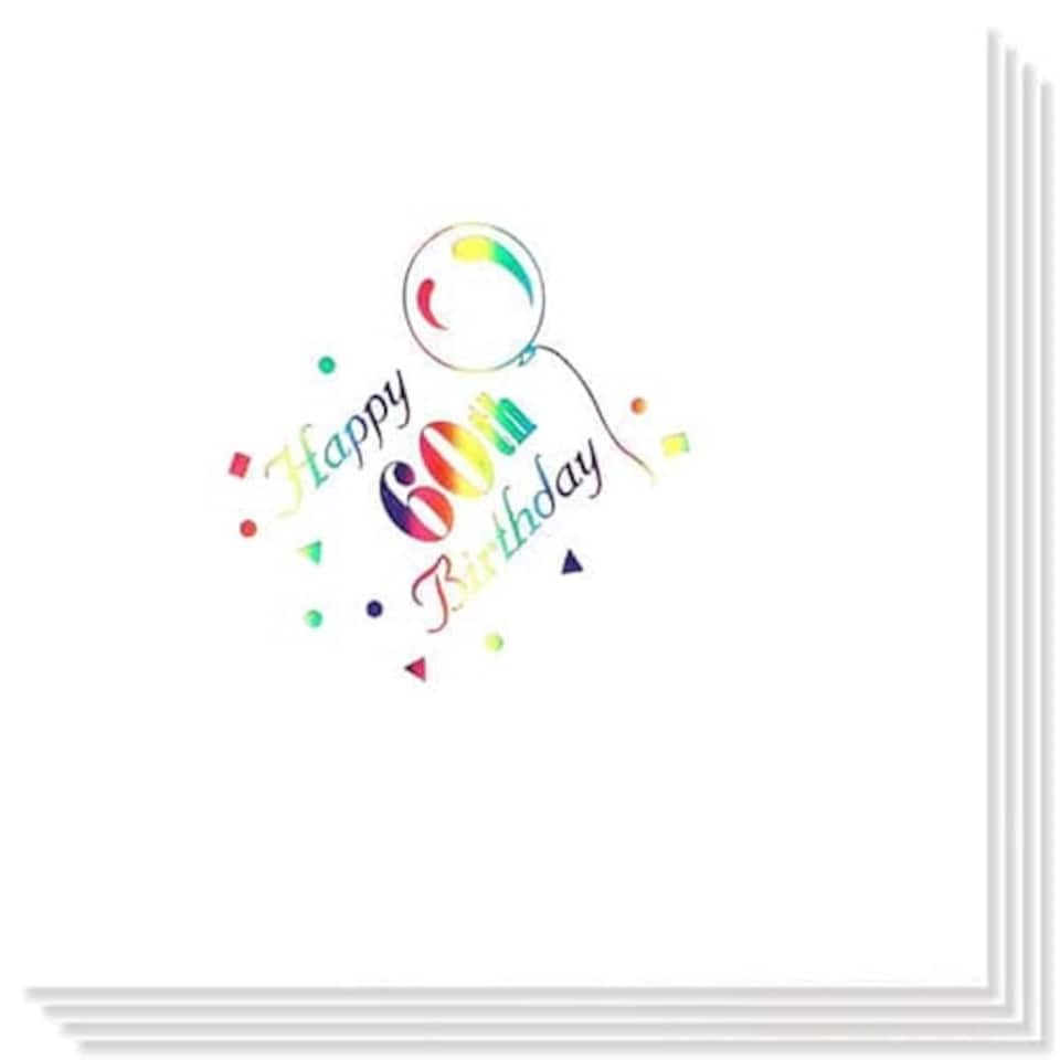 60th Birthday multi Coloured Foil Print 3 Ply Napkins - 13 Inches / 33cm - Pack of 15