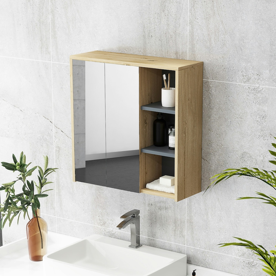 image 1 of HOMCOM Bathroom Cabinet Wall Mounted Mirror Storage with Shelves Natural