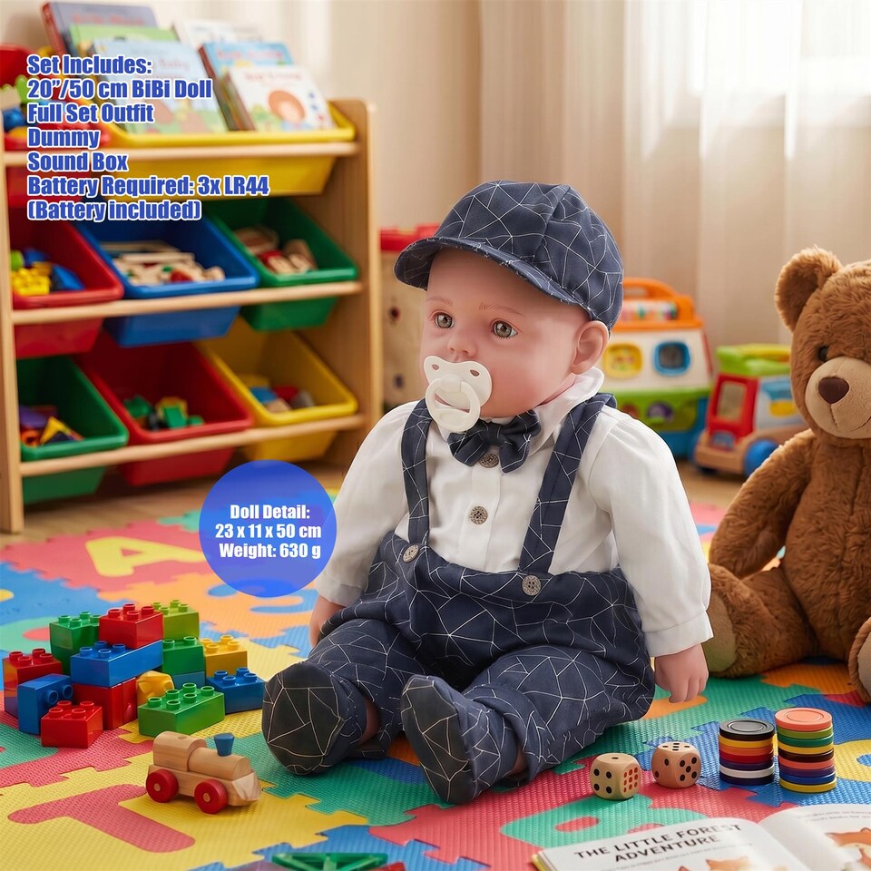 image 1 of BiBi Doll 20" Pebble Baby Doll Boy with Formal Bow Tie Outfit, Sounds & Dummy Toy