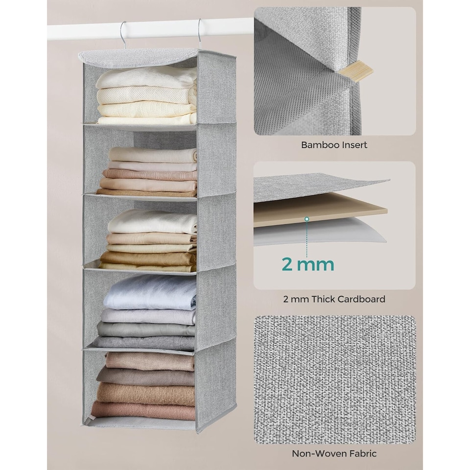 image 1 of Hanging Wardrobe Storage Organiser with Bamboo Detail, Space Saving Closet Shelf, Light Grey