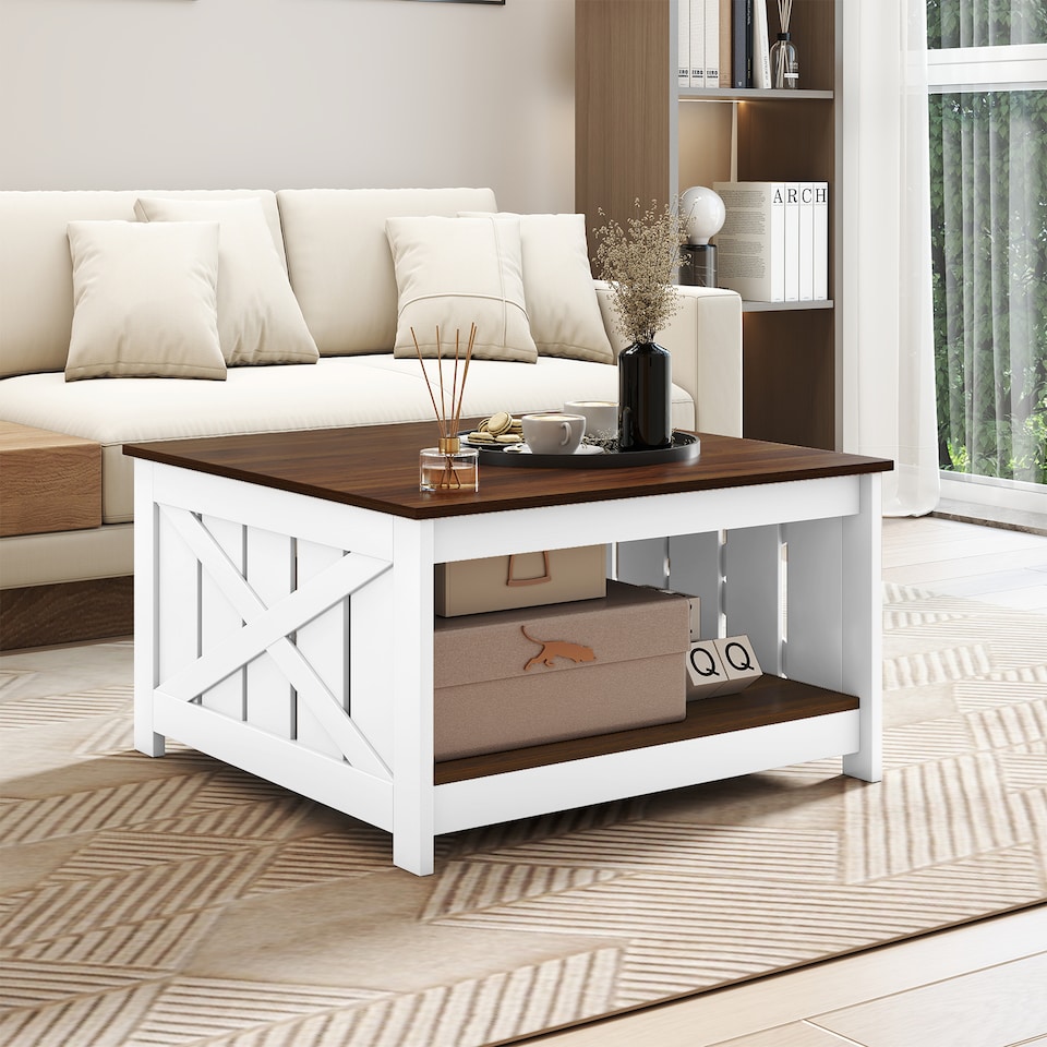 image 1 of COSTWAY Farmhouse Coffee Table Square Coffee Table White
