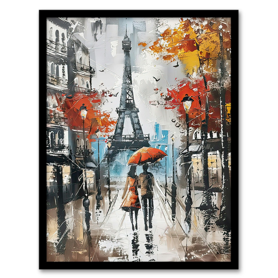 image 1 of Umbrella Lovers Abstract Autumn Paris Home Decor Black Framed Wall Art Print A4