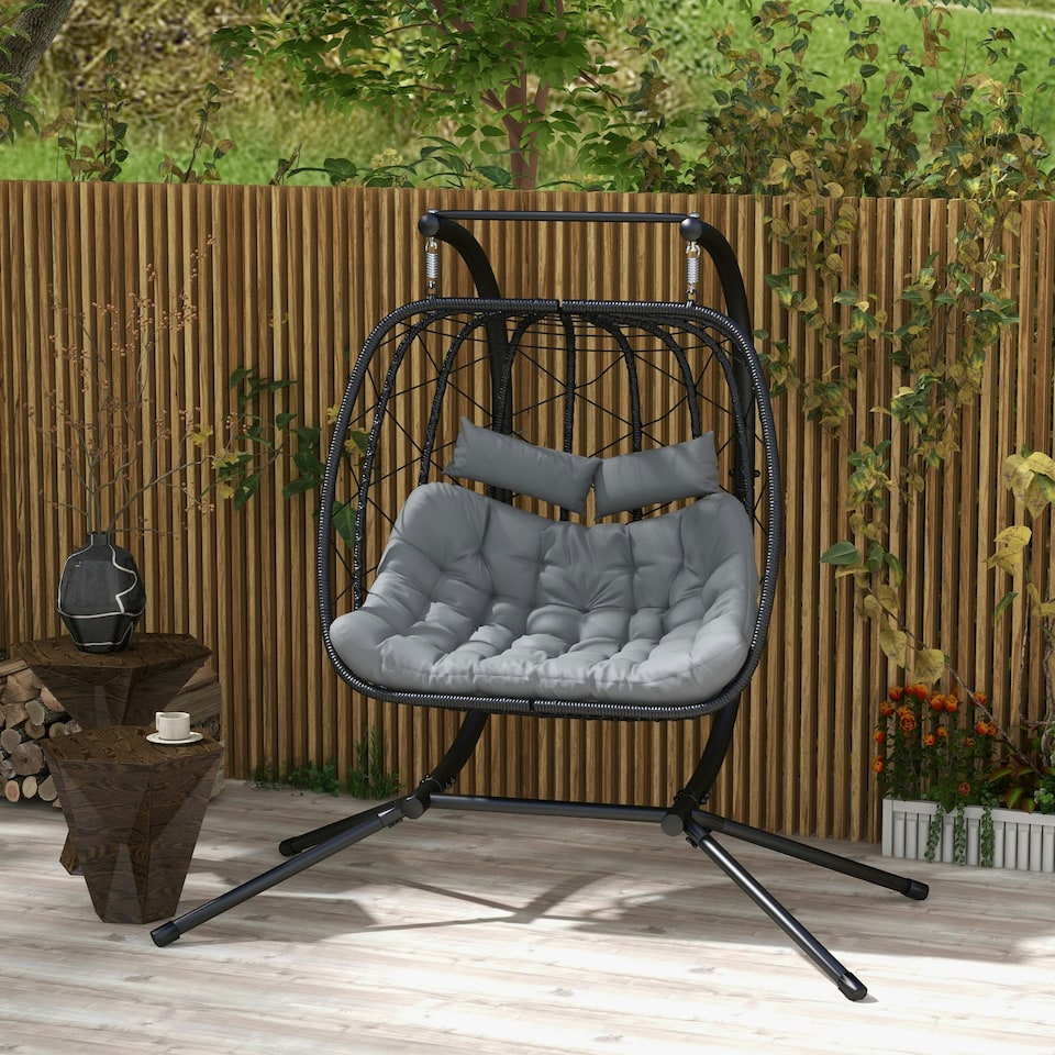 image 1 of Outsunny PE Hanging Swing Chair w/ Thick Cushion, Patio Hanging Chair, Black