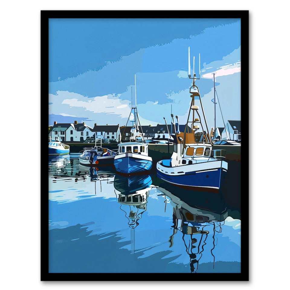 image 1 of Fishing Boats Padstow Harbour Digital Home Decor Black Framed Wall Art Print A4