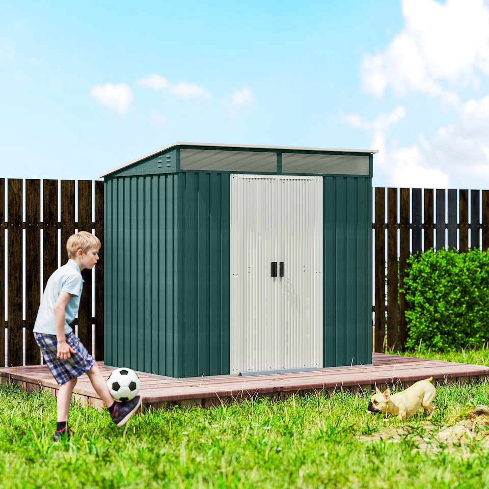 image 1 of Outsunny 6.5 x 4FT Galvanised Metal Garden Shed with Double Sliding Doors and 2 Vents, Lockable Tool Storage House with Foundation Kit, Green