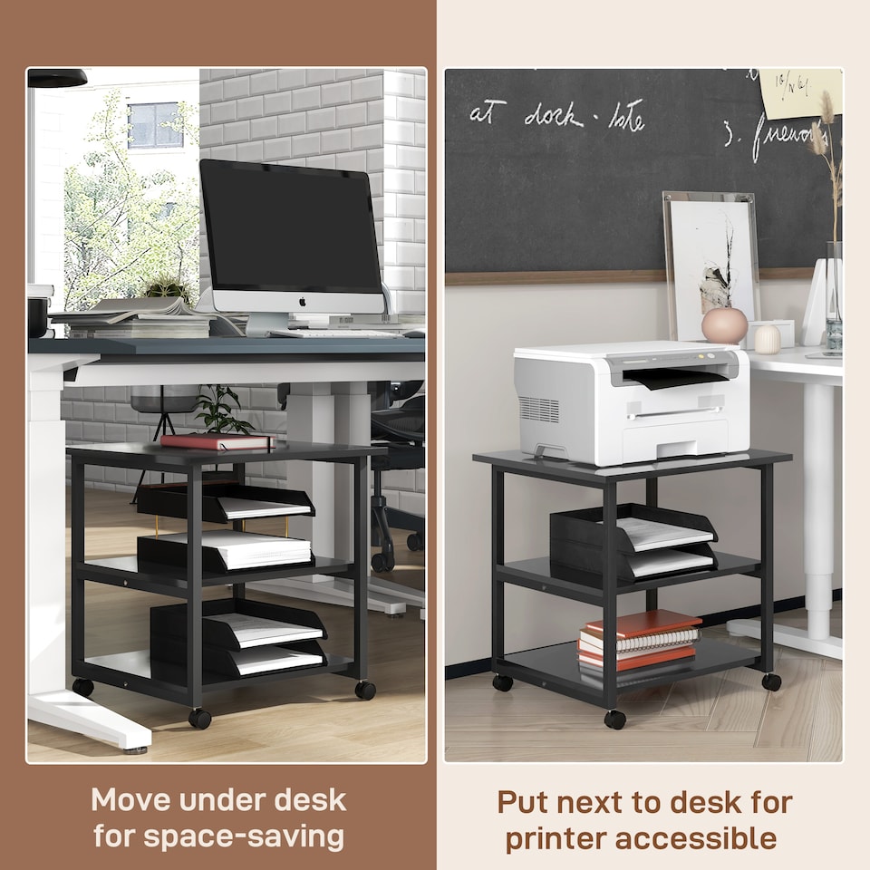 image 1 of HOMCOM 3-Tier Printer Stand with Storage Shelf, Mobile Printer Table on Wheels, 50 x 50 x 52.5cm Rolling Printer Cart for Home Office, Black