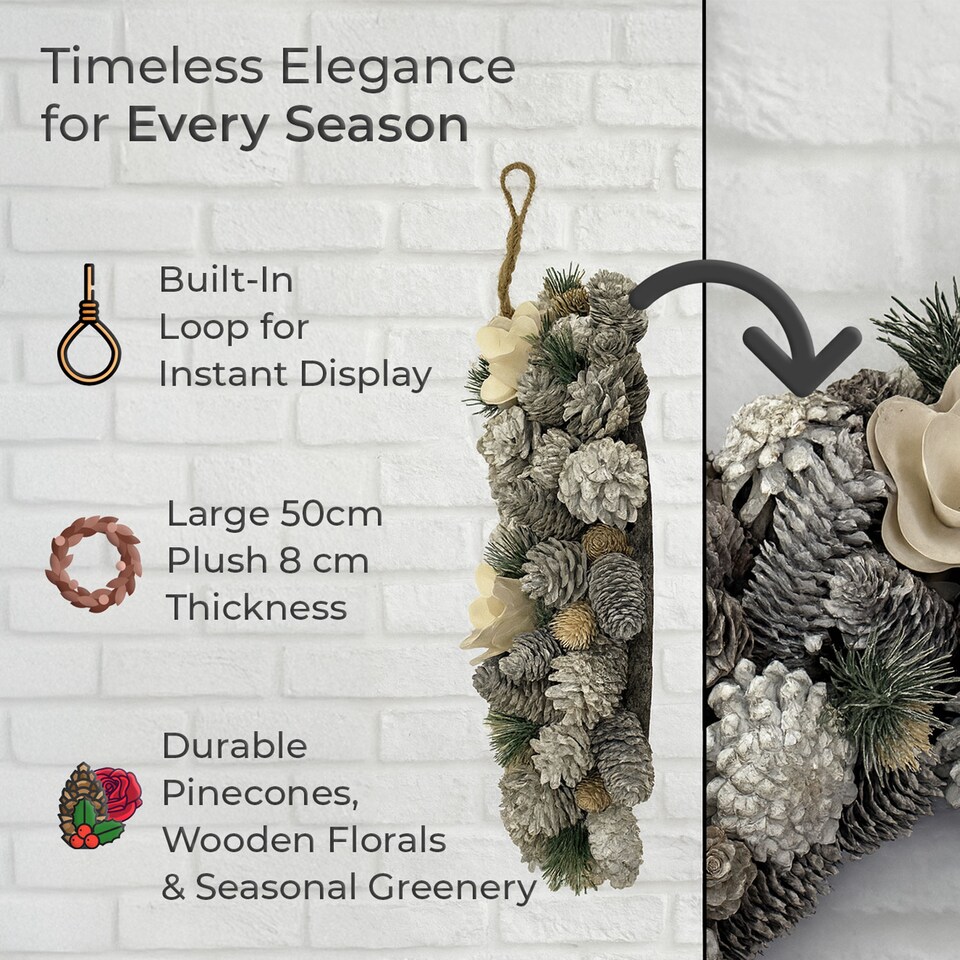 image 1 of eo Luxury Extra Large Frosted Pinecone Winter Wreath 50cm Home Artificial Christmas Festive Front Door Decoration | Grey | Frosted Grey