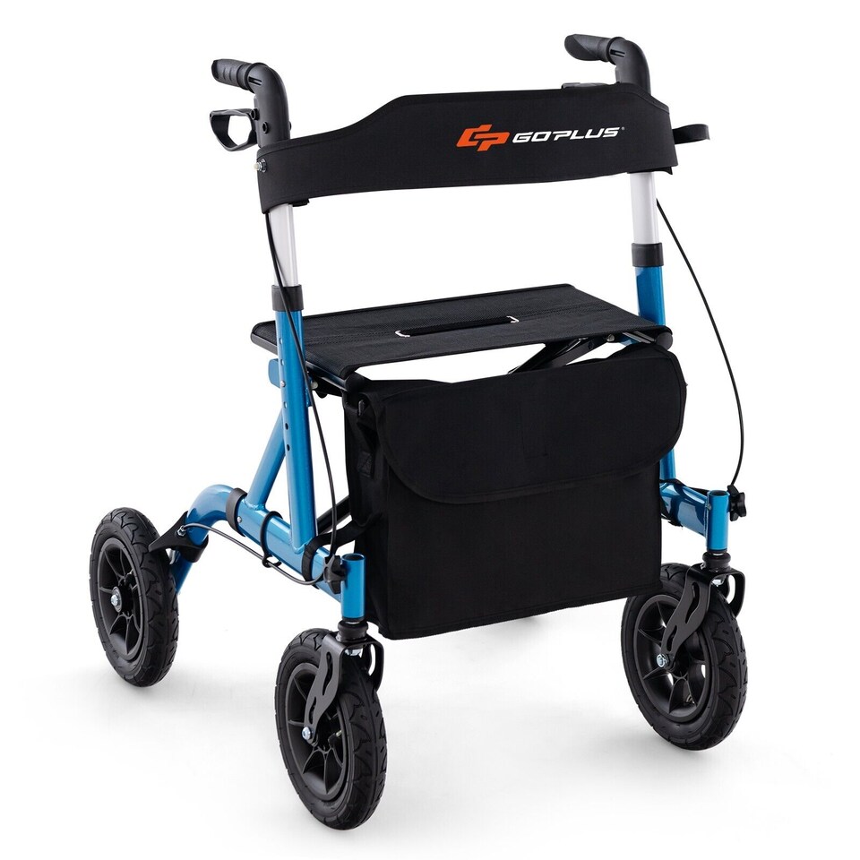 image 1 of COSTWAY Height Adjustable Foldable Rolling Walker with Seat Blue | Blue