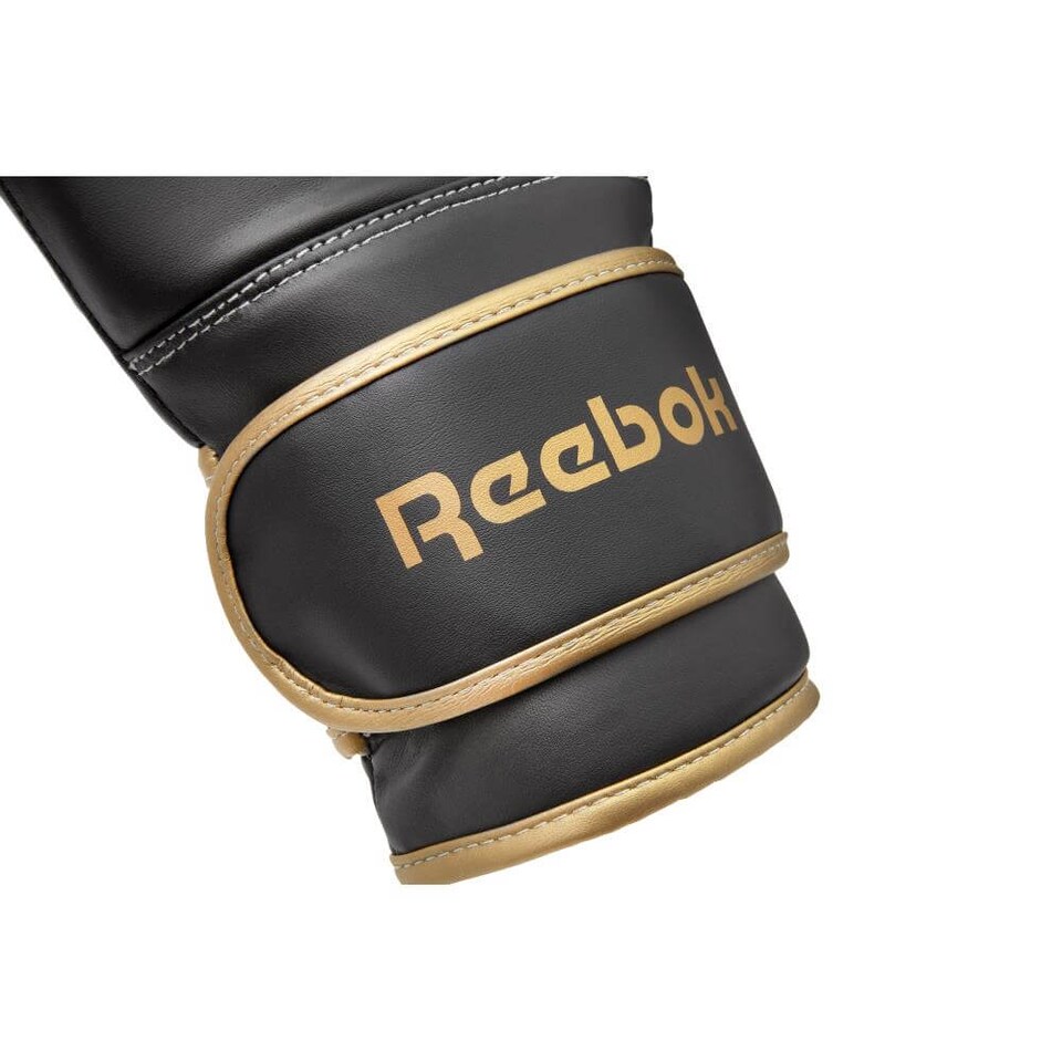 image 1 of Reebok Boxing Gloves, Gold/Black, 14oz Synthetic Leather with Breathable Mesh Palms | Black | Gold/Black | 14oz