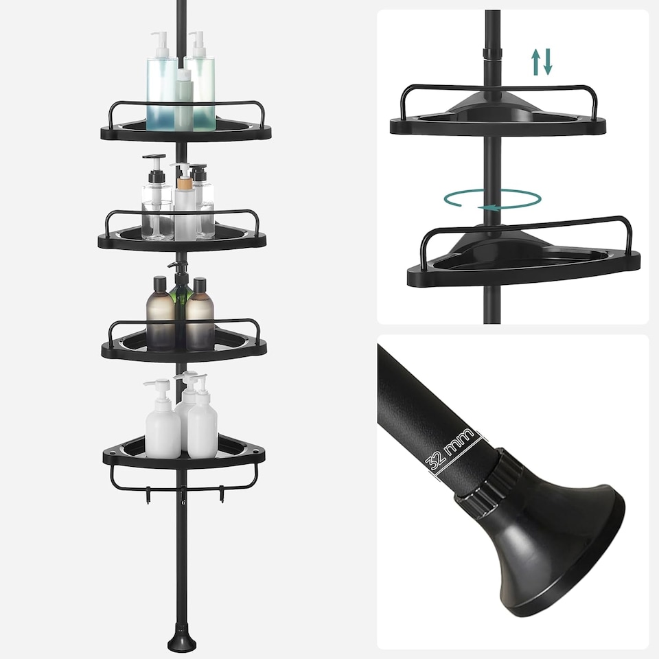 image 1 of Adjustable 4-Tier Corner Shower Caddy Storage Organizer for Bathroom, Black