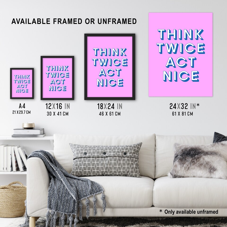 image 1 of Think Twice Act Nice Pink Blue Bold Simple Huge Wall Art Print 18X24 In