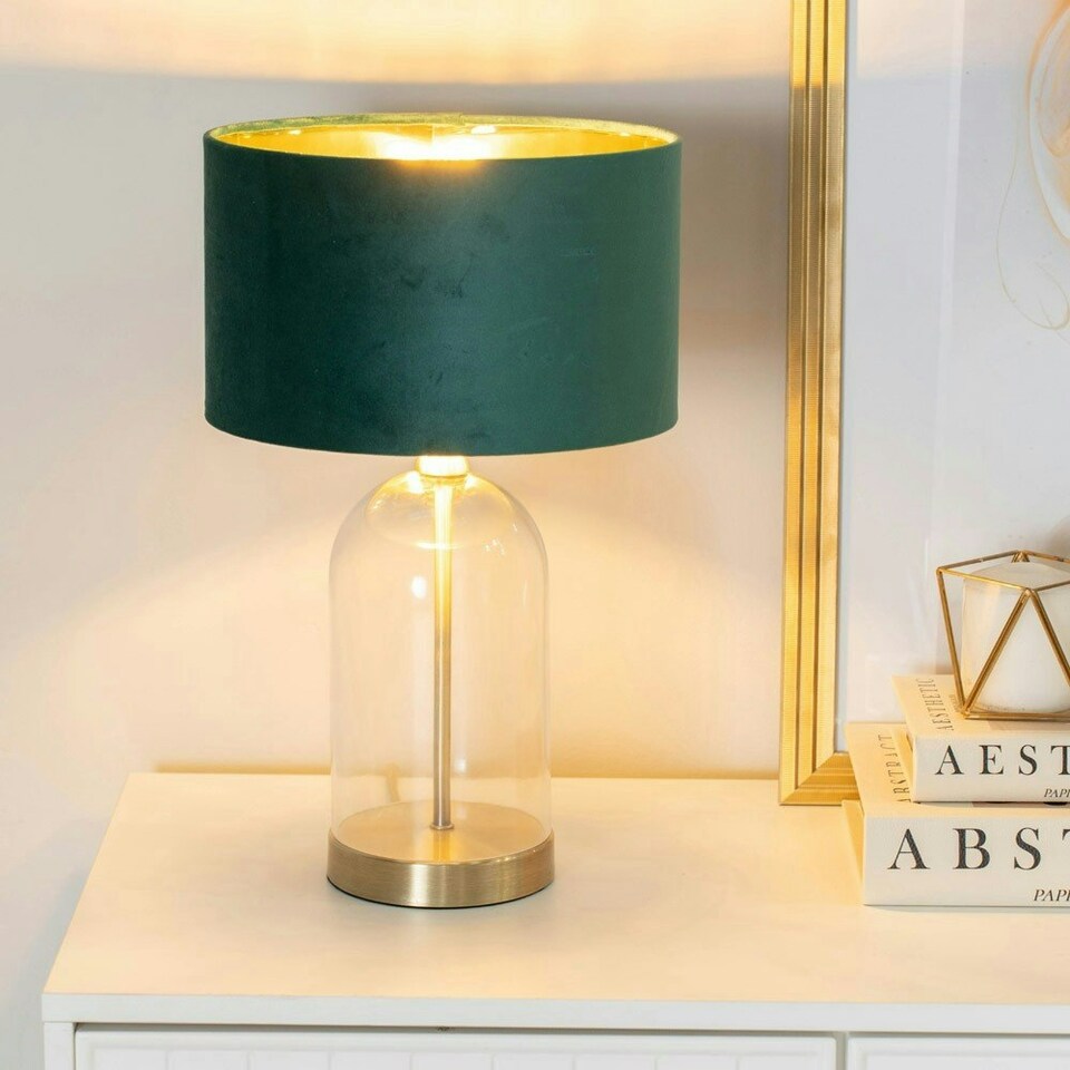 image 1 of ValueLights Jessy Glass with Gold Trim Table Lamp with Forest Green Velvet with Gold Inner Lamp Shade Green