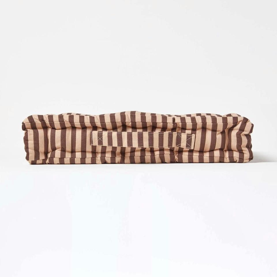 image 1 of Homescapes Cotton Brown and Beige Thin Stripe Floor Cushion - 50 x 50 cm | Cream | Beige | 50 x 50 cm