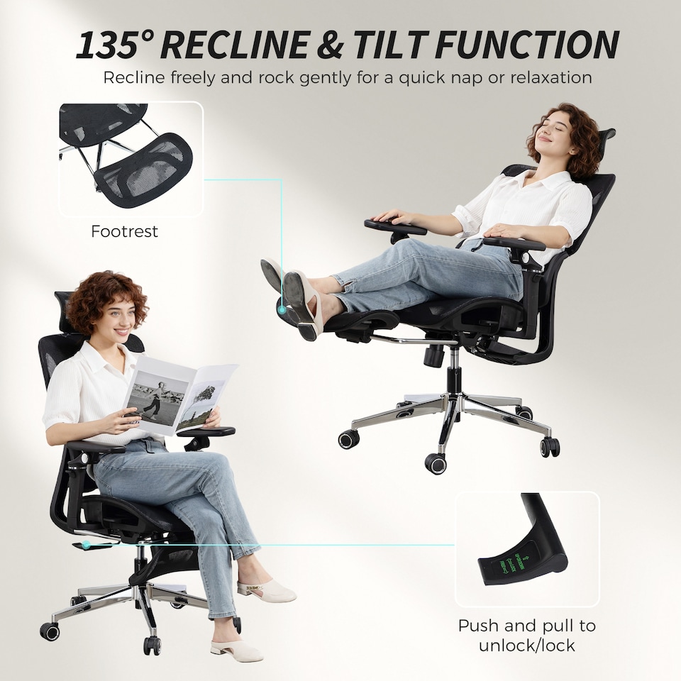image 1 of HOMCOM Ergonomic Office Chair, High Back Mesh Desk Chair with Reclining Separated Backrest, Lumbar Support, 5D Flip-up Armrests, Adjustable Headrest, Tilt Function, Footrest for Home Office, Black