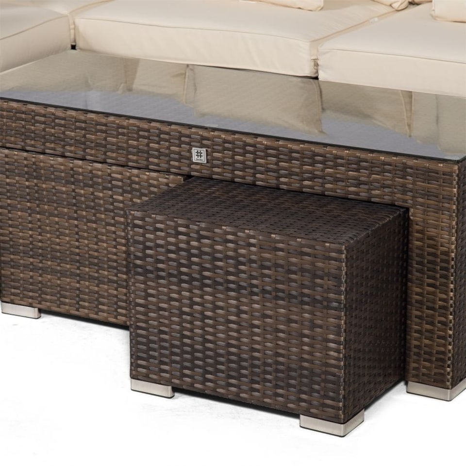 image 1 of Santorini U Shape Modular 10 Seat Rattan Sofa Set With Armrest Drinks Cooler, 2 Coffee Tables & 4 Stools Brown | Ivory