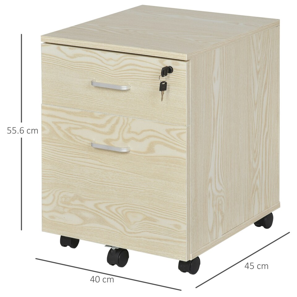 image 1 of Vinsetto 2-Drawer Locking Office Filing Cabinet 5 Wheels Rolling Storage Oak