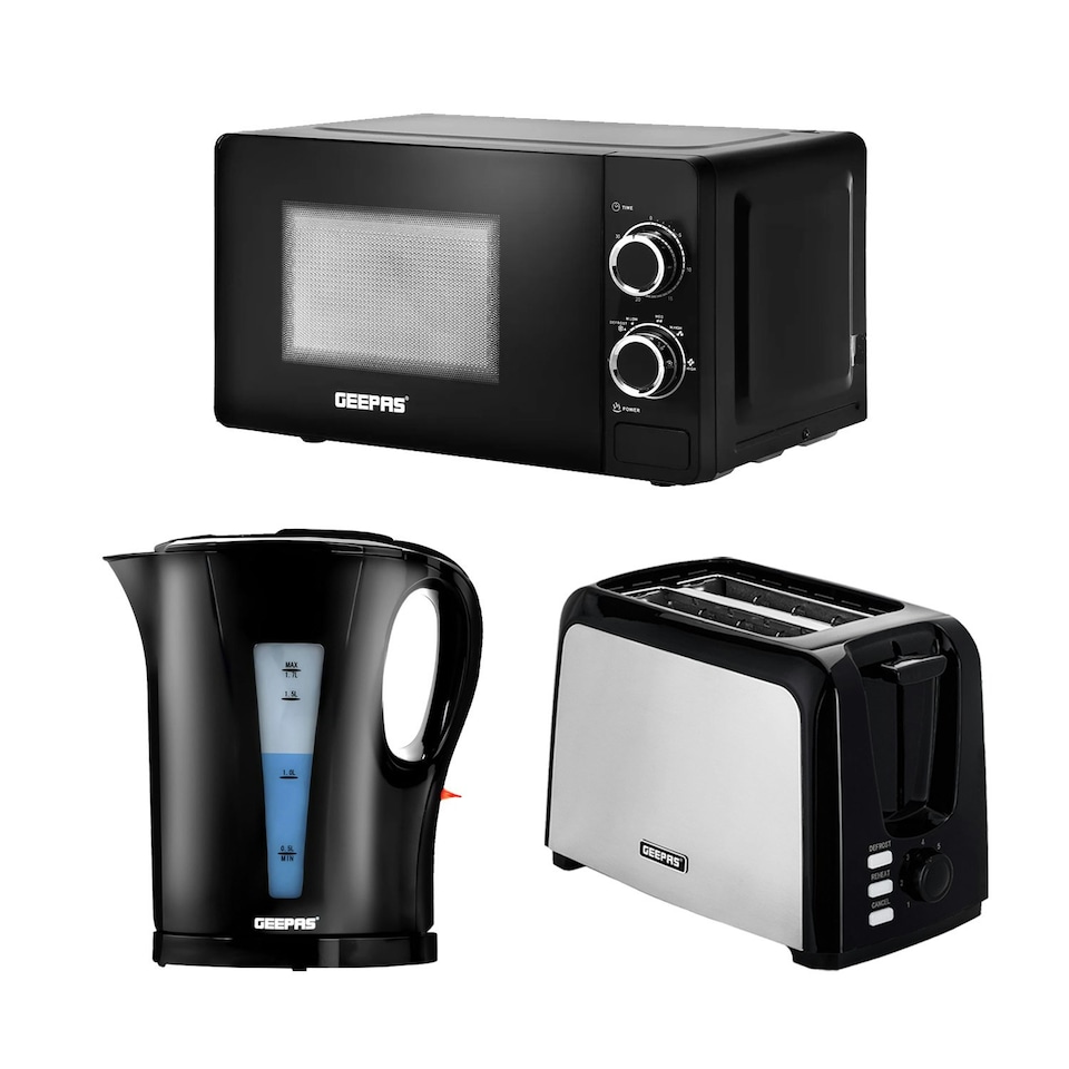 image 1 of GEEPAS 2 Slice Toaster, 1.7L Kettle & 20L Microwave Oven Combo Black