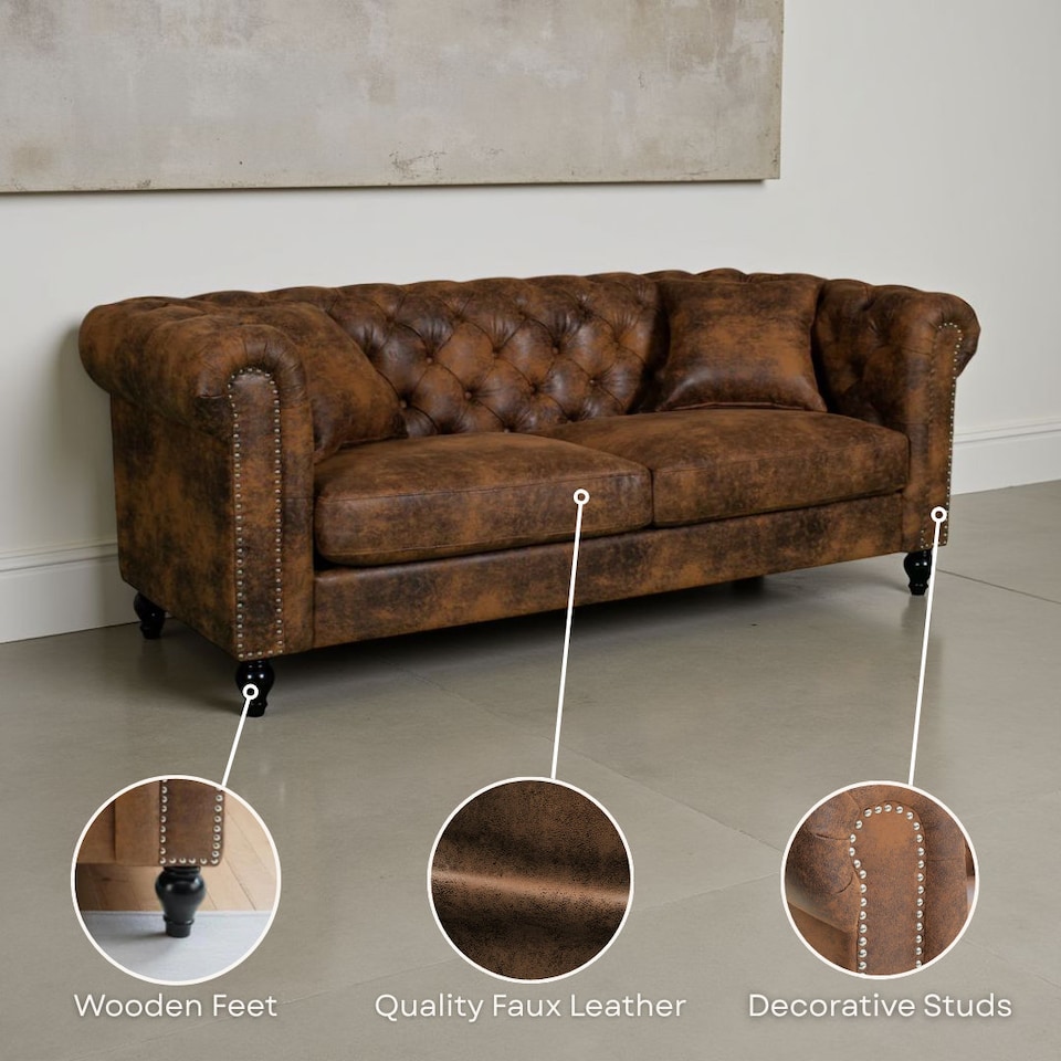 image 1 of Faux Leather Suede Brown 3 Seater Chesterfield Sofa With Wooden Feet CAMDEN