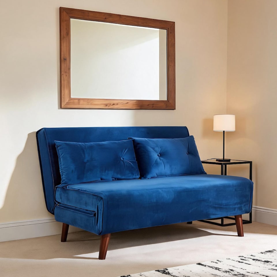 Double Sofa Bed Folding Chair Velvet Blue Wooden Legs Two Pillow Home ...