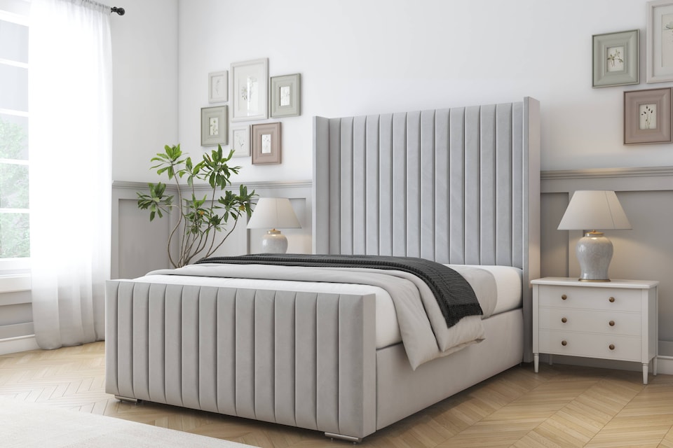 image 1 of Sloomy Marlborough Silver Plush Bed Frame With 50"  Upholstered Wingback Headboard 5' King