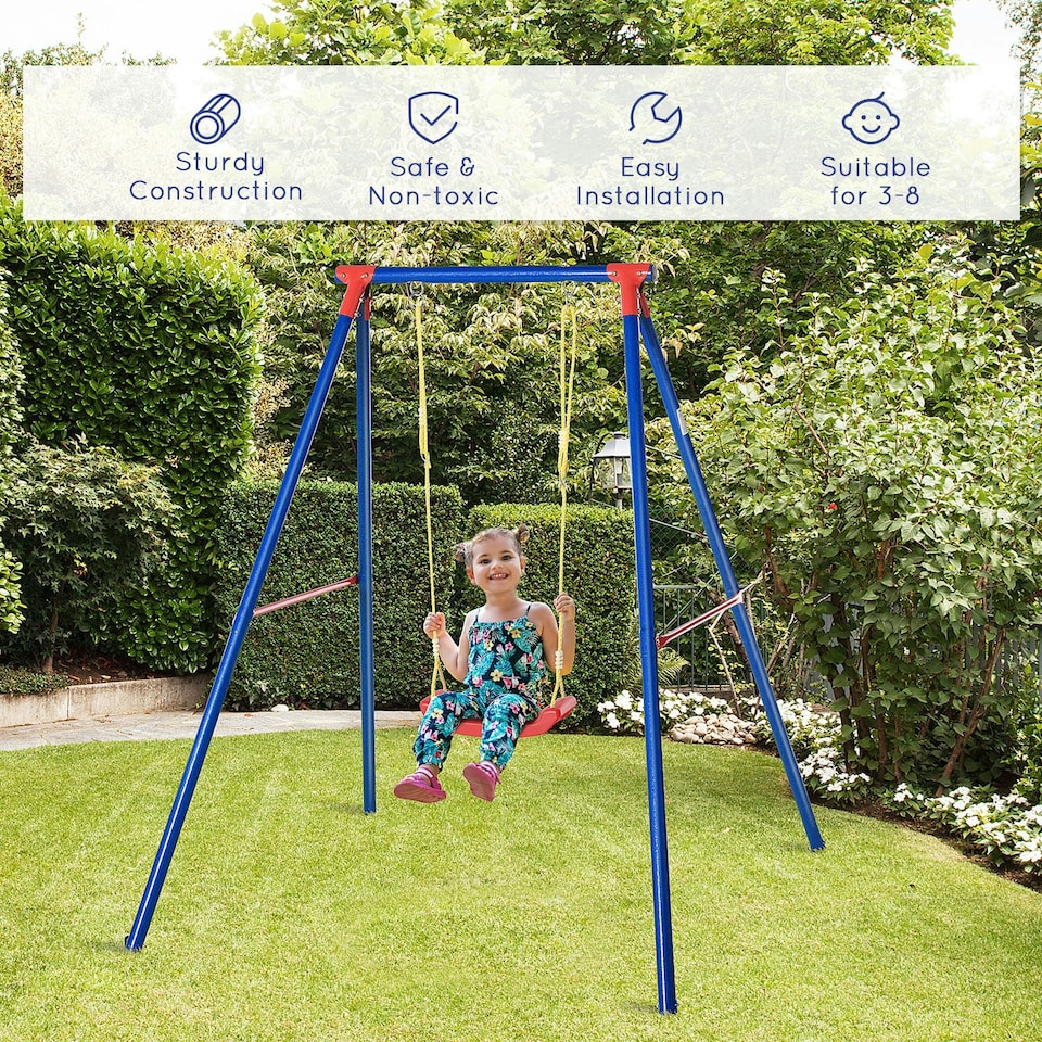 image 1 of Outsunny Metal Swing Set w/ Adjustable Rope A-Frame Stand Outdoor Playset