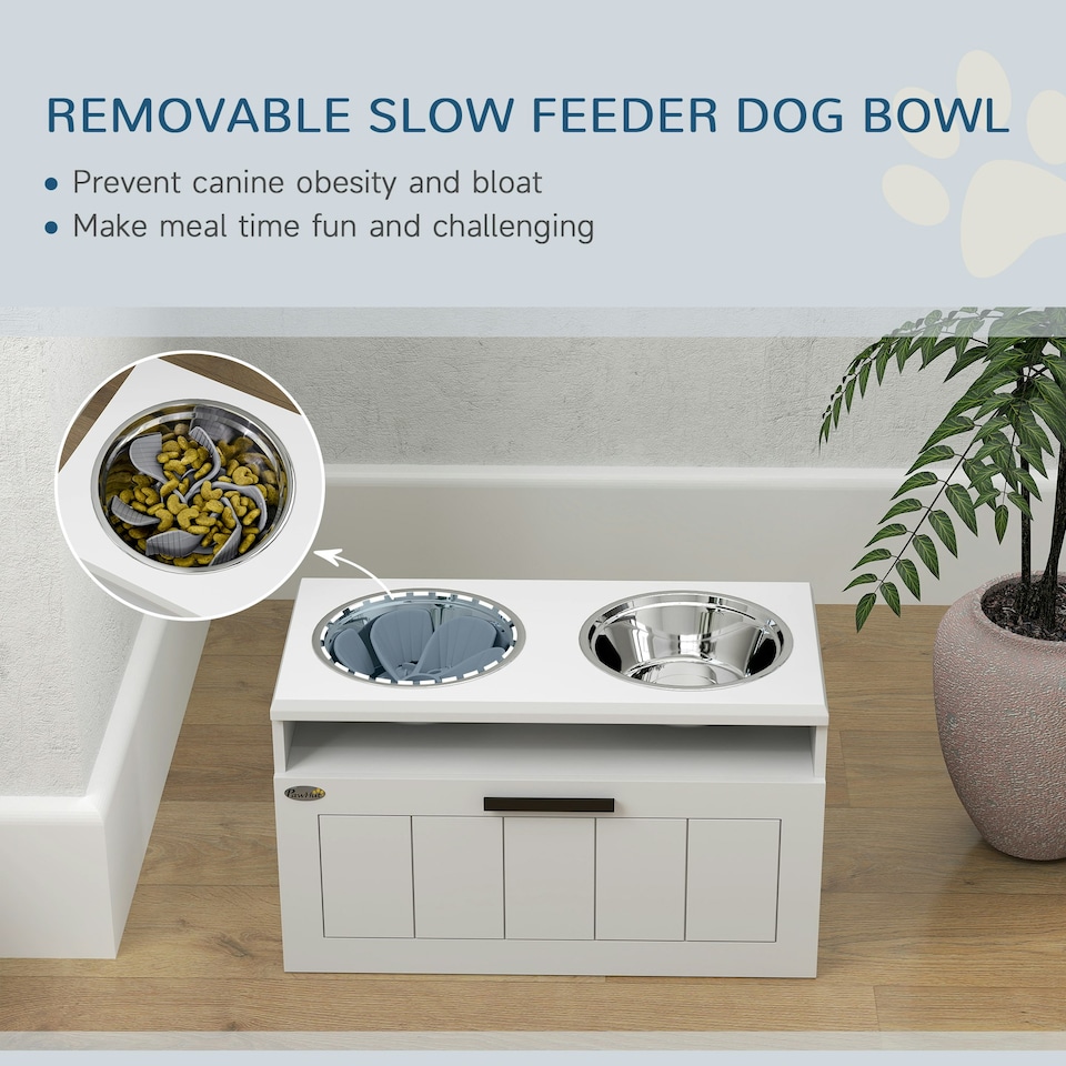 image 1 of PawHut Raised Dog Bowl, Elevated Dog Bowls with Slow Feeder Mat, White