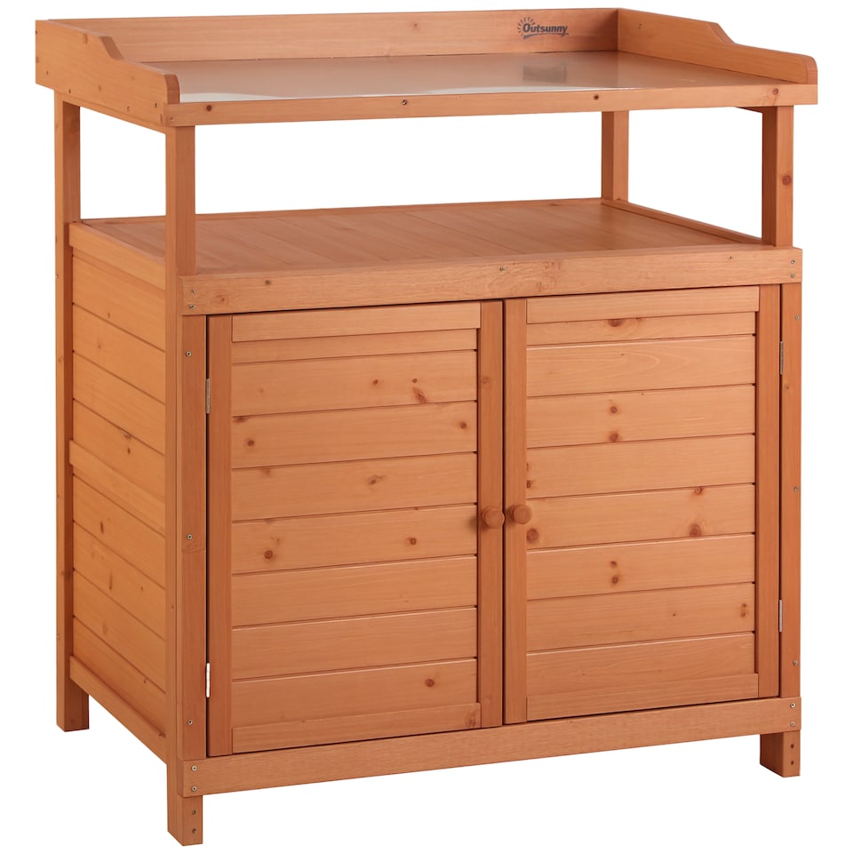 image 1 of Outsunny 2 In 1 Potting Bench Table w/ Storage Cabinet and Galvanized Table Top