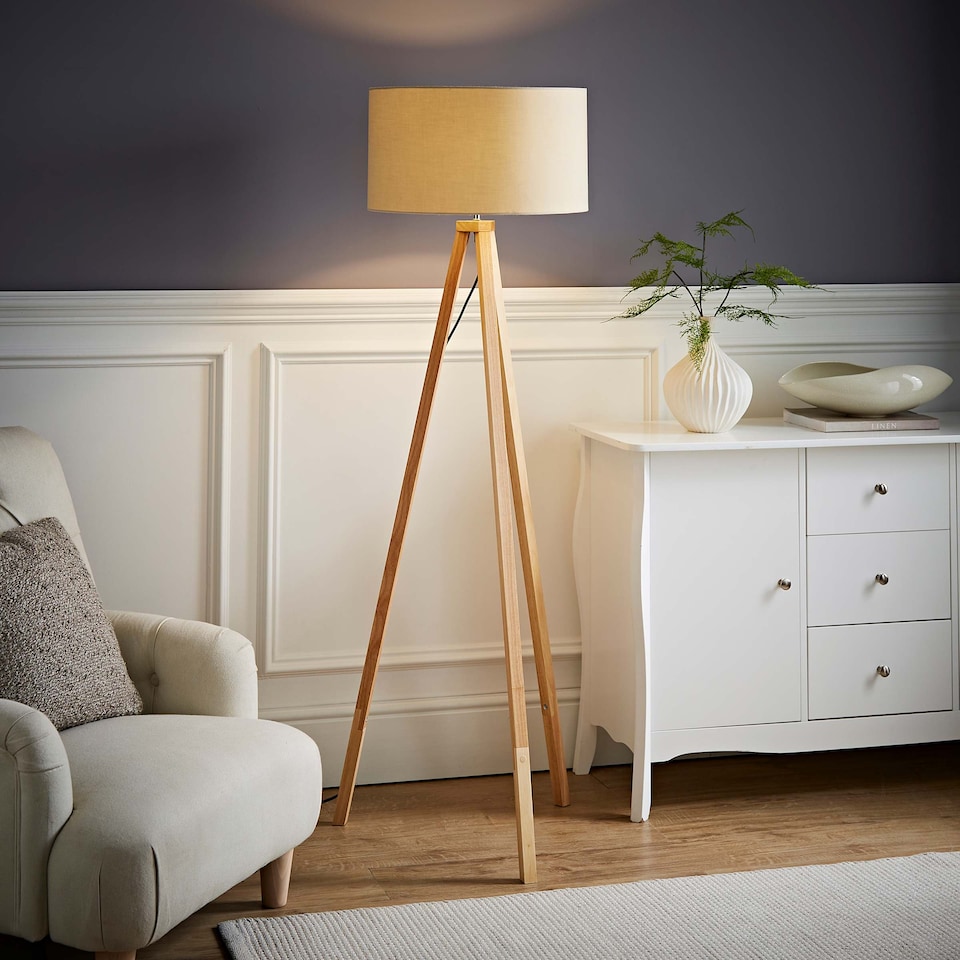 image 1 of ValueLights Barbro Wood Tripod Floor Light Lamp Natural Shade | Cream